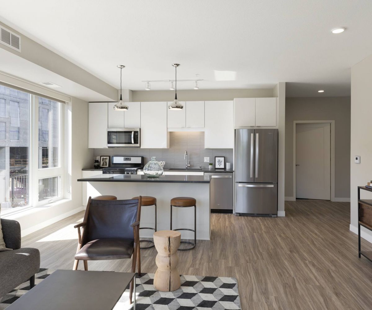 Modern open-concept kitchen and living area featuring sleek appliances, natural light, and stylish furnishings.